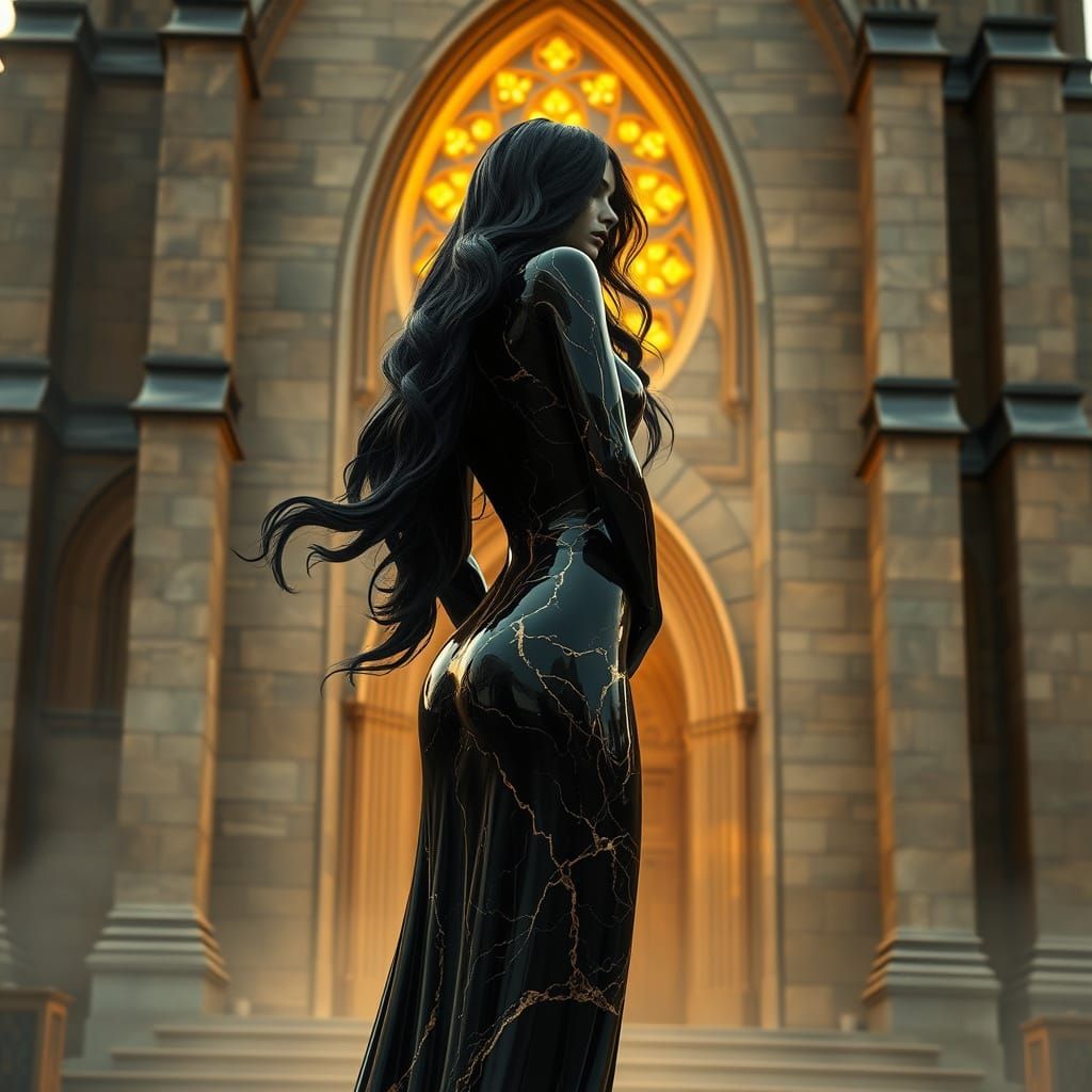 A mystical, statuesque woman with luxuriant, dark hair casca...