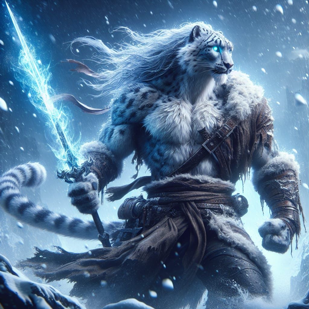 Majestic Snow Leopard Warrior in Fierce Snowstorm