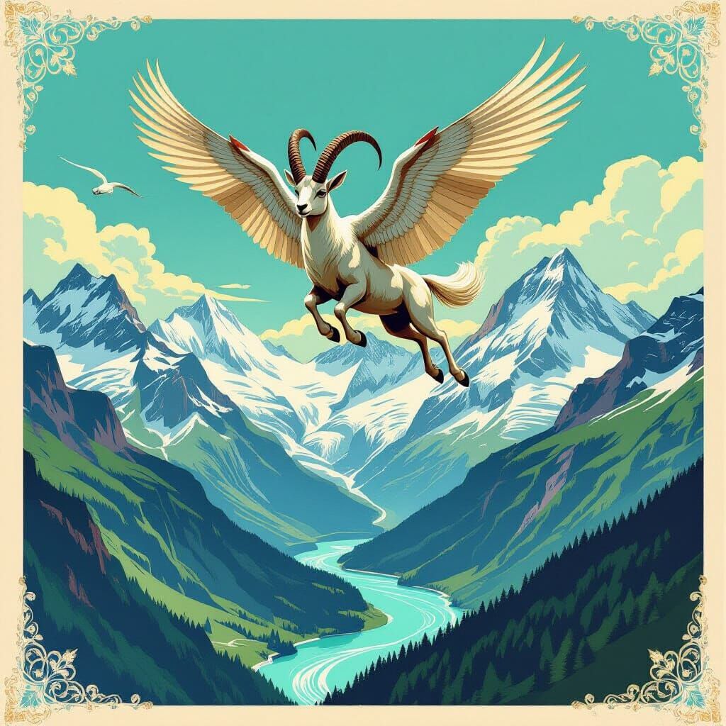 Winged Ibex Soars Over Swiss Alps in Collage Style
