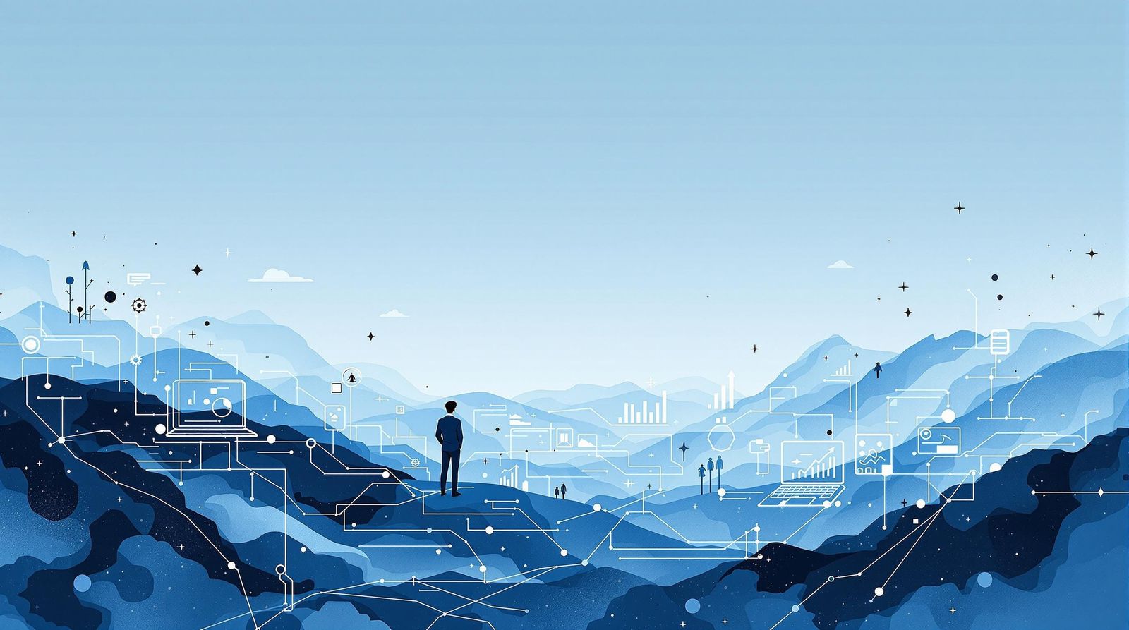 Abstract Digital Landscape with AI and Business Elements