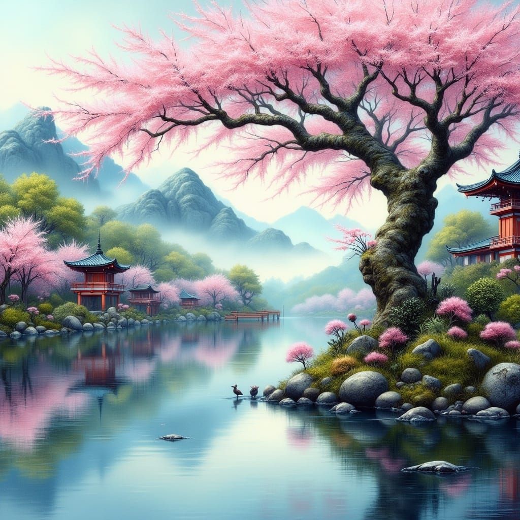 Sakura Tree by Lake with Japanese Temples