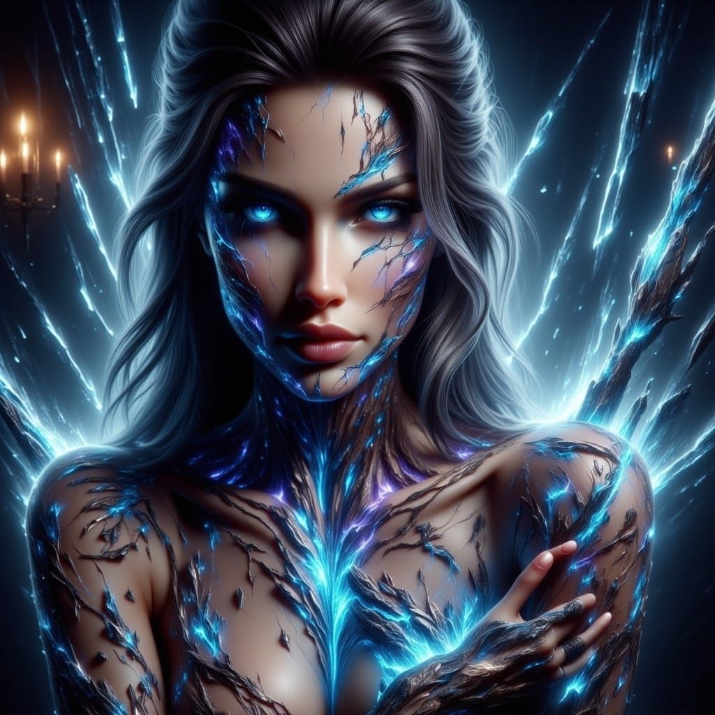 Woman's Portrait with Dragon Tattoo and Opal Sky