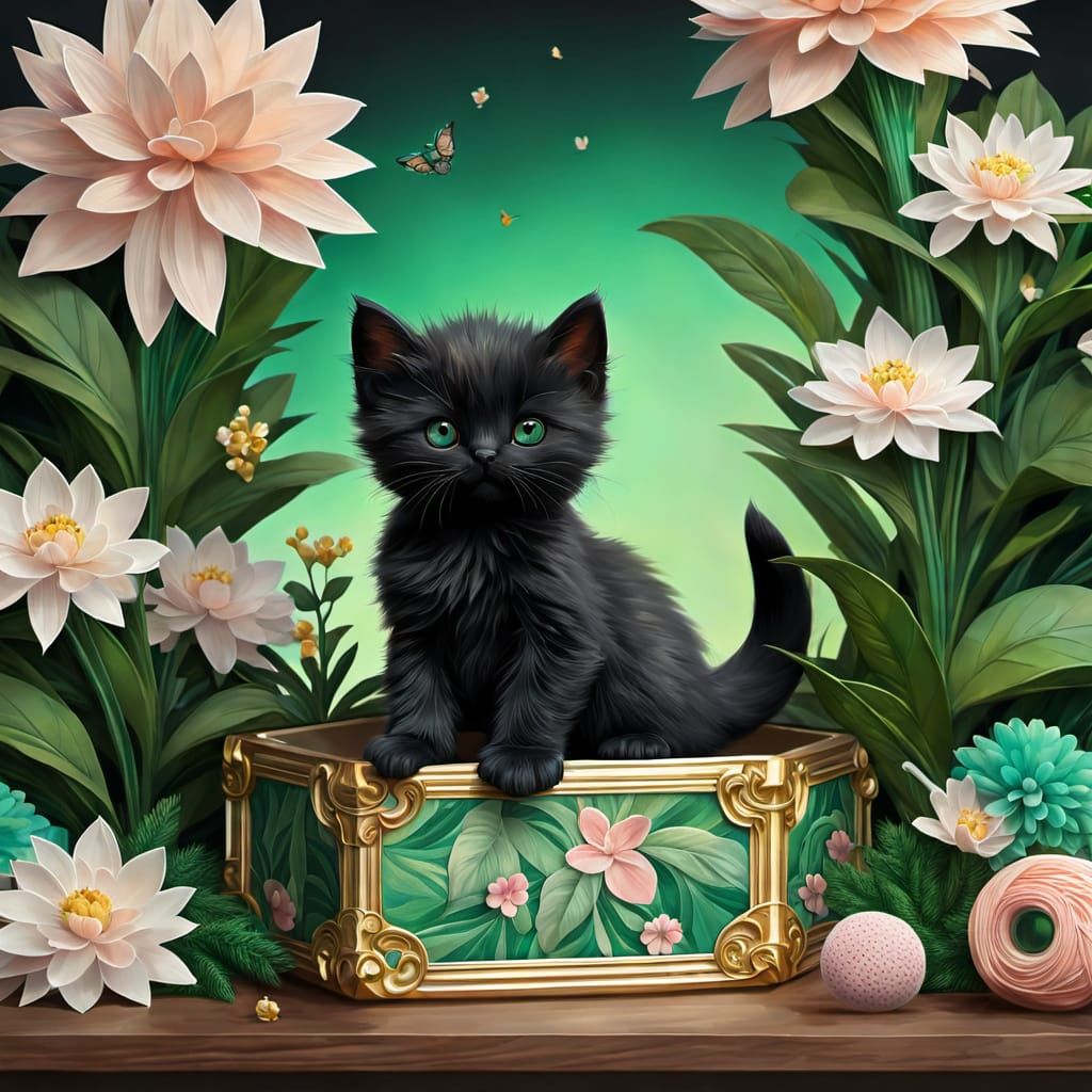Whimsical Fantasy Kitten in Ornate Packaging Box