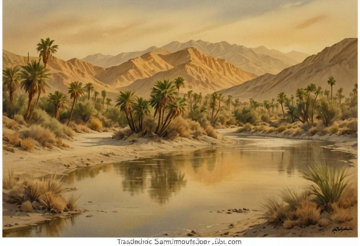 Serene Desert River in Watercolor Comic Style