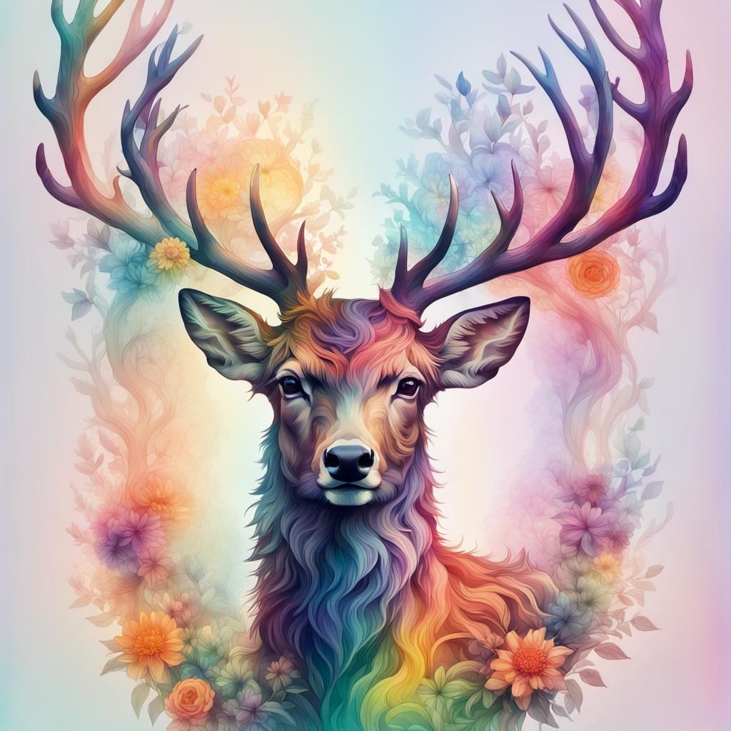Rainbow Deer Silhouette: Dreamlike Double Exposure Art