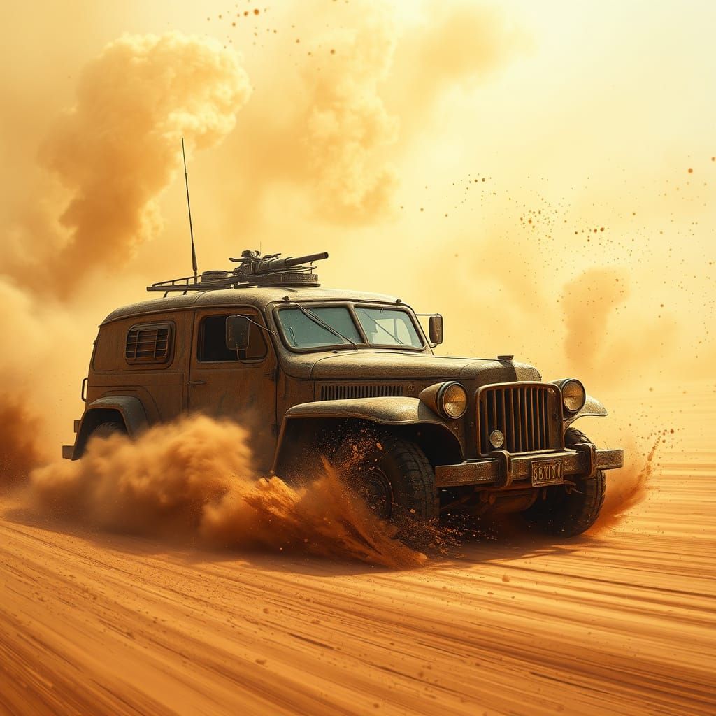 Rugged Armoured Car Charges into Golden-Brown Sandstorm