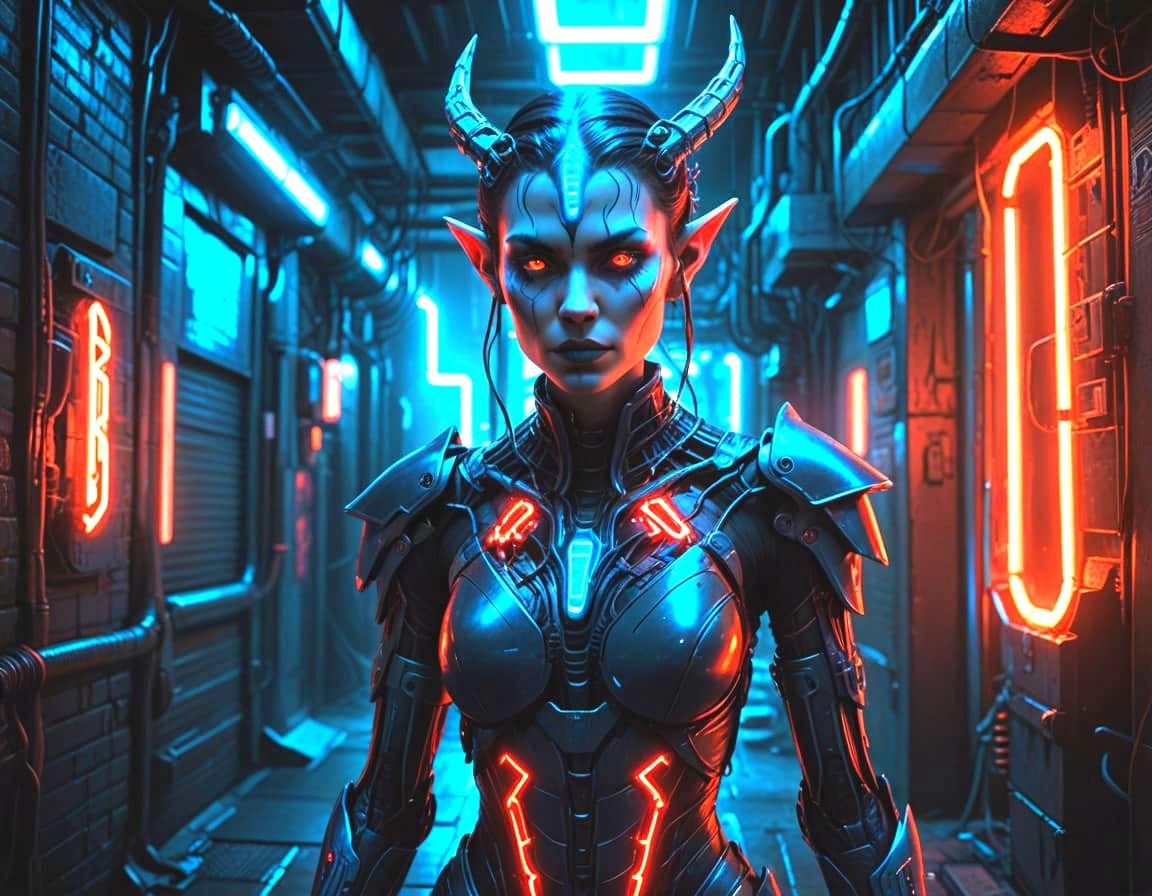 Cyberpunk Elven Pixie Cyborg in Dark Alleyway
