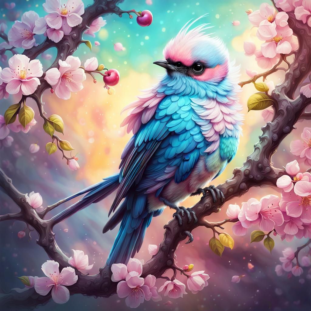 Pastel Bird on Cherry Branch: Digital Illustration