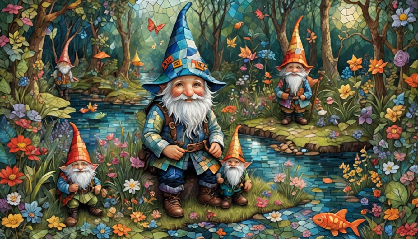 ‘Patchy’ the gnome looks at a patchwork stream in a patchwor...