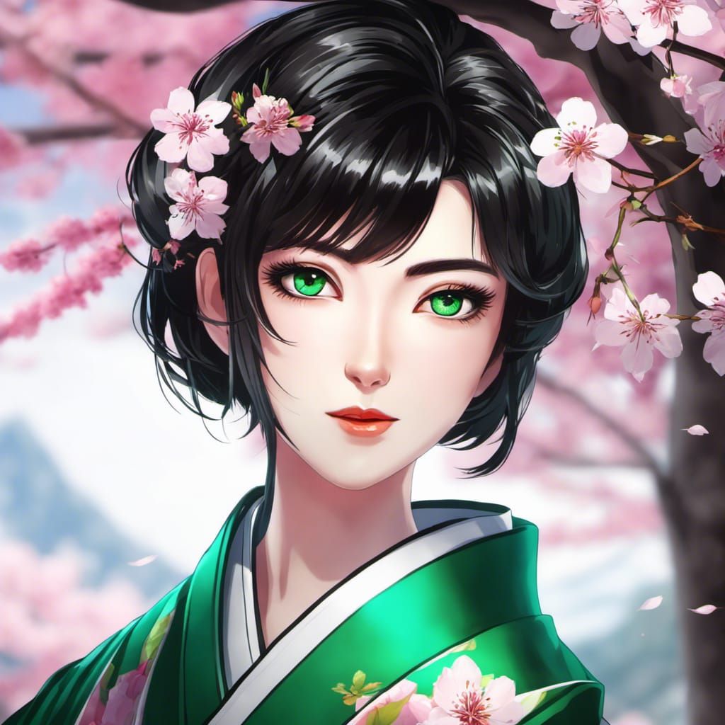 Anime Woman in Kimono with Emerald Eyes