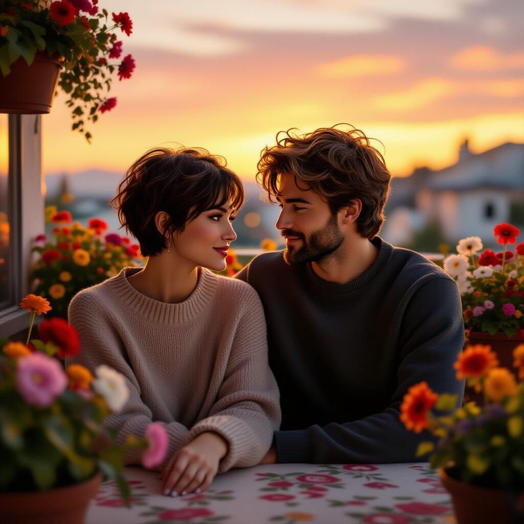 Romantic Sunset on Flower Terrace, Art Nouveau Style