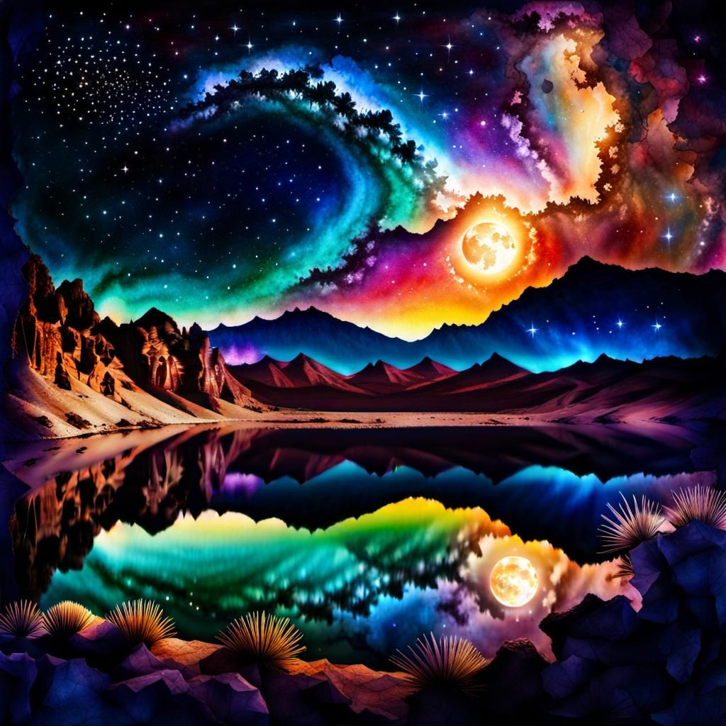 Watercolor Desert Lake Reflecting Milky Way