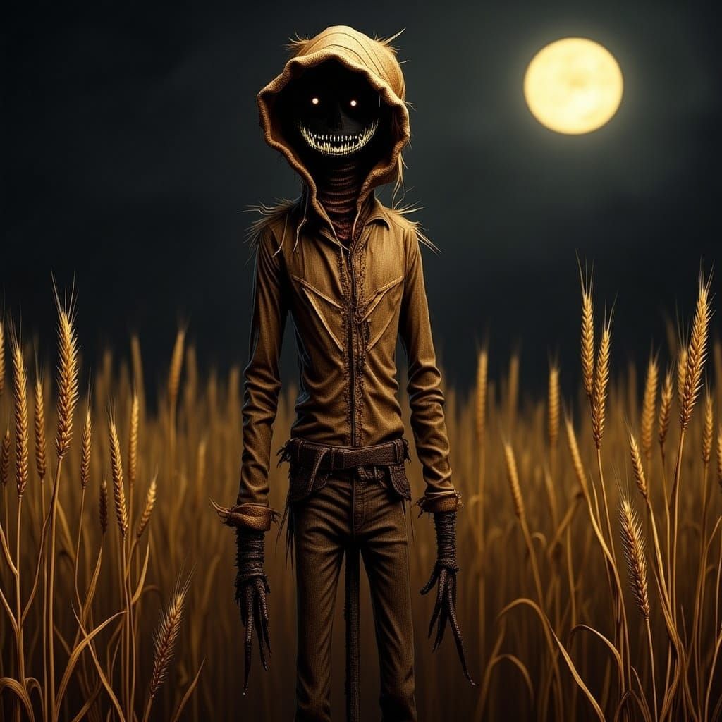 Eerie Scarecrow in Moonlit Wheat Field