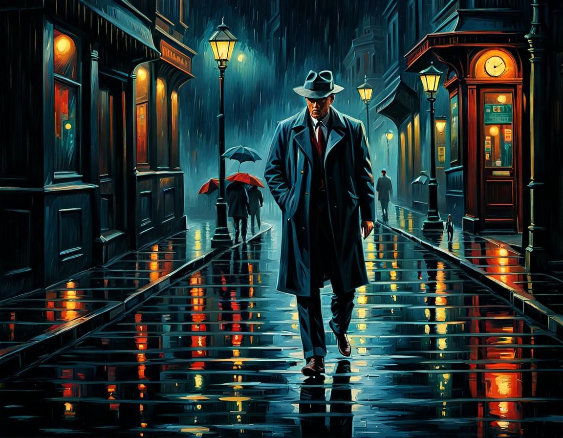 Film Noir Detective in Rainy City Street