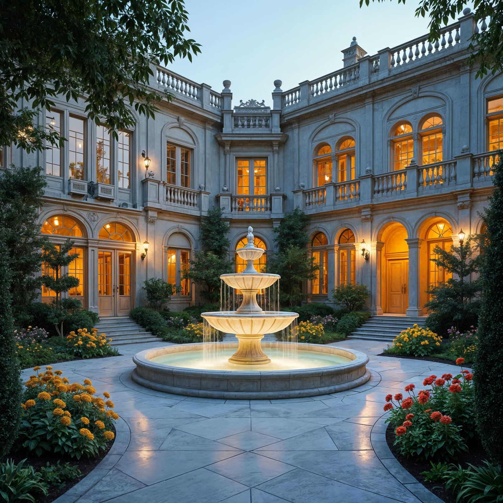 Beaux-Arts Palace Courtyard with Iridescent Fountain