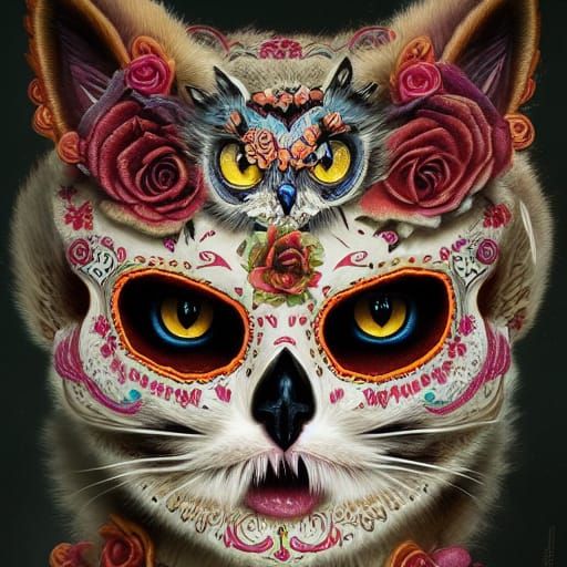Day of the Dead Sugar Skull Cat in Dark Fantasy Style