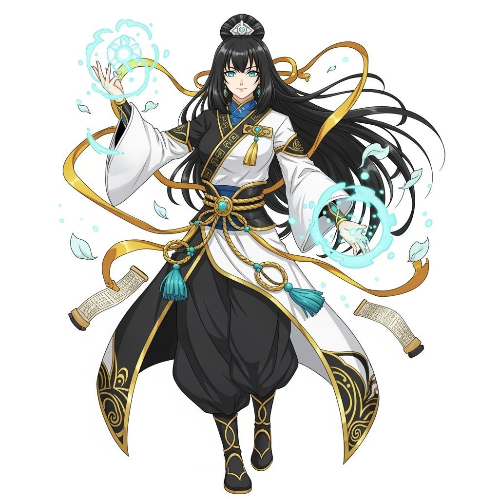 Anime Woman in Martial Arts Pose with Flowing Hair