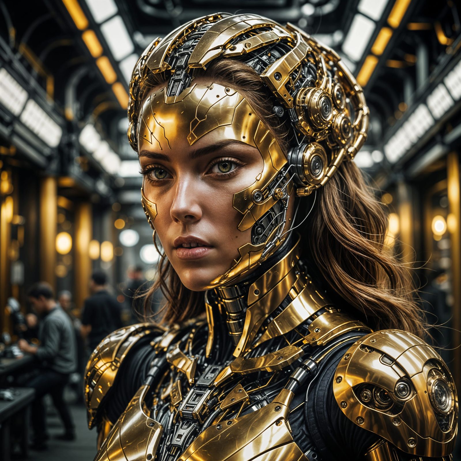 Hyperrealistic Golden Cyborg Woman in HDR