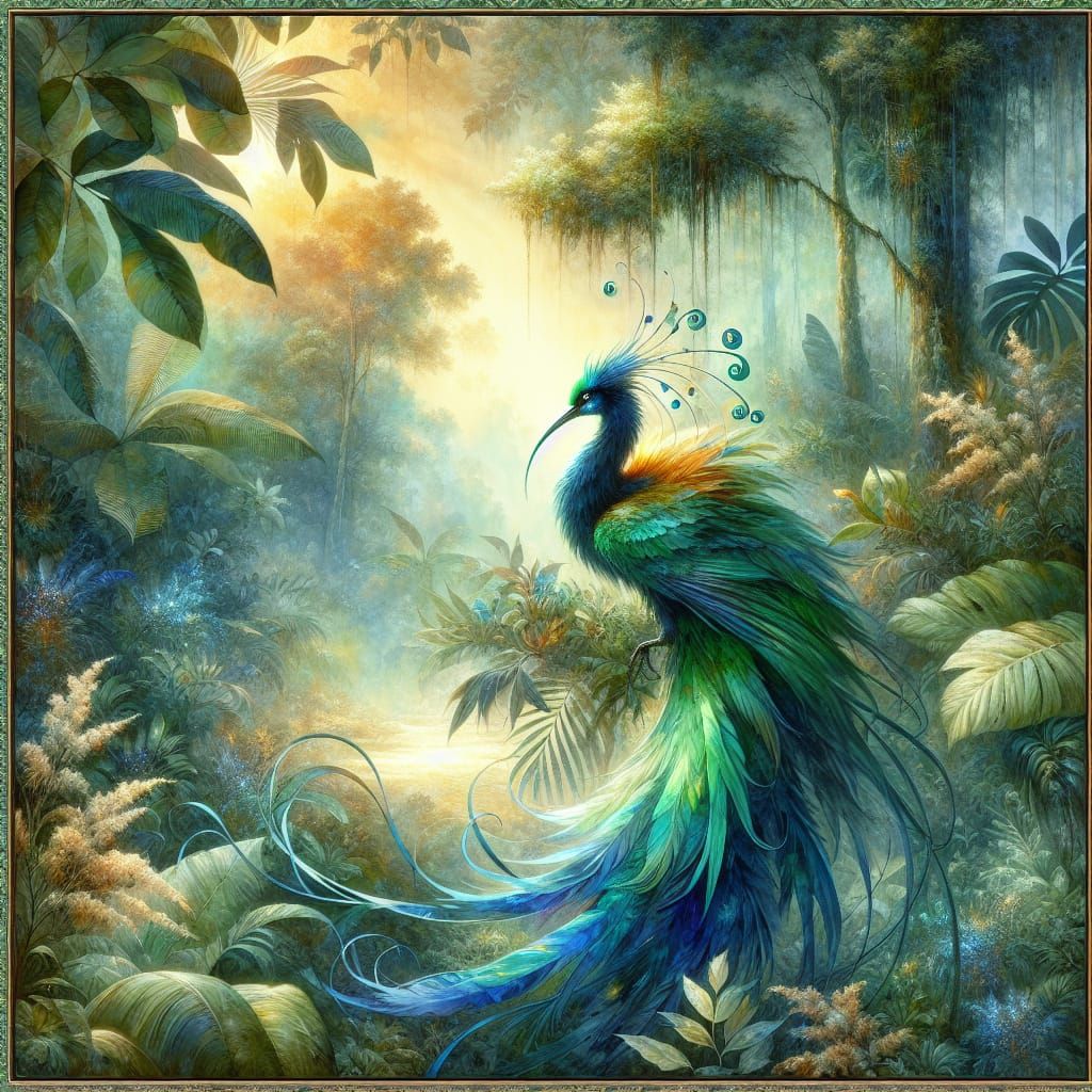 Bird of Paradise in Watercolor Rainforest