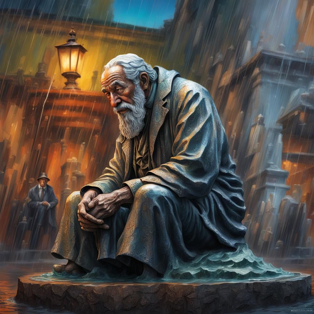 Hyperrealistic Old Man by Statue in Rain