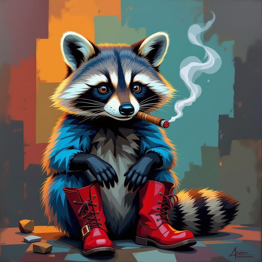 Steampunk Raccoon with Blue Fur in Cubist Style
