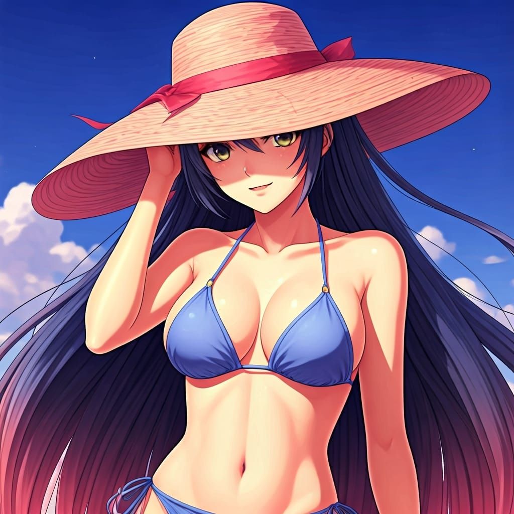 Anime Characters in Bikinis and Hats: Surreal Art