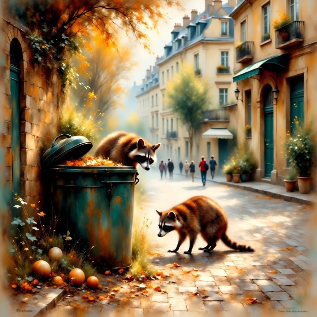 Raccoons Foraging in Parisian Alleyway: Impressionist Style