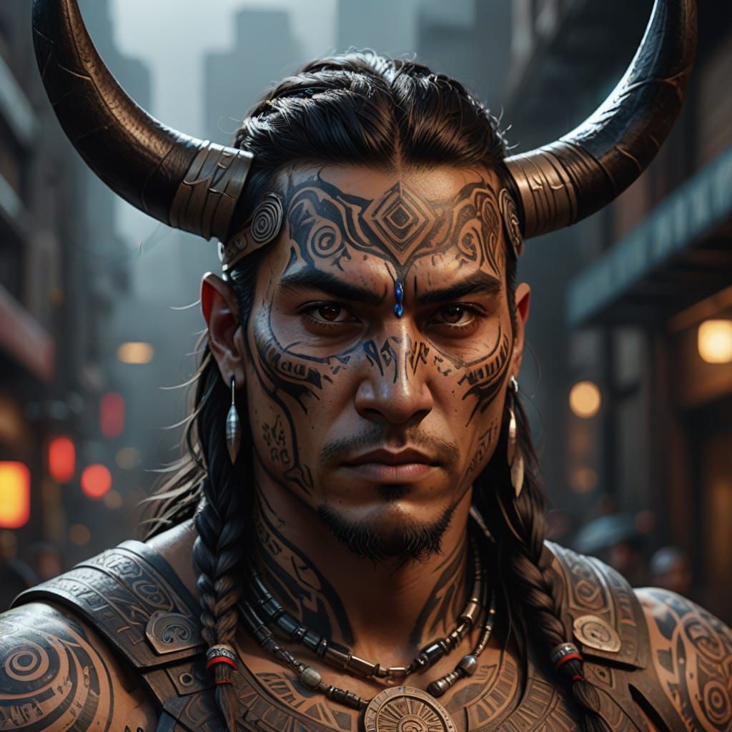 Native American Superhero with Bull Horns and Tattoos