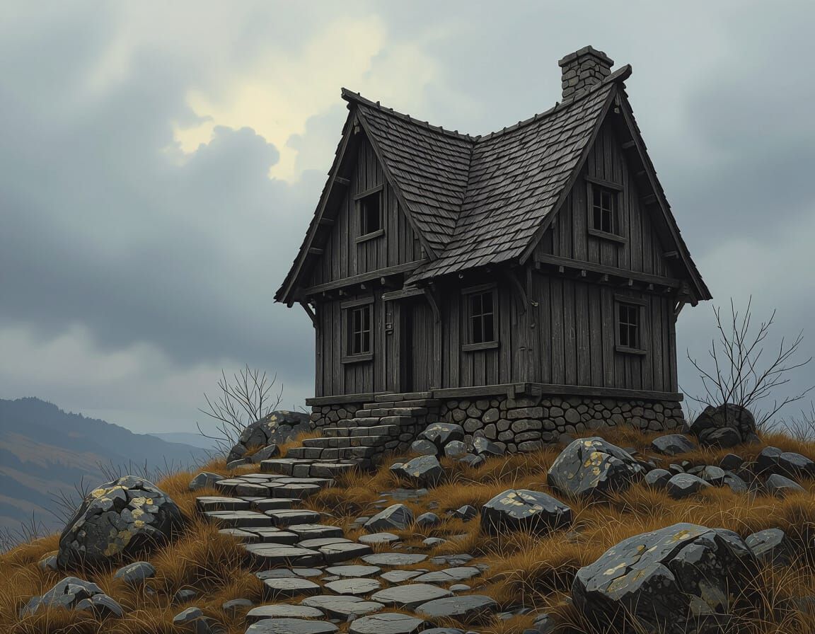 Medieval House on Hilltop in Dark Fantasy Style