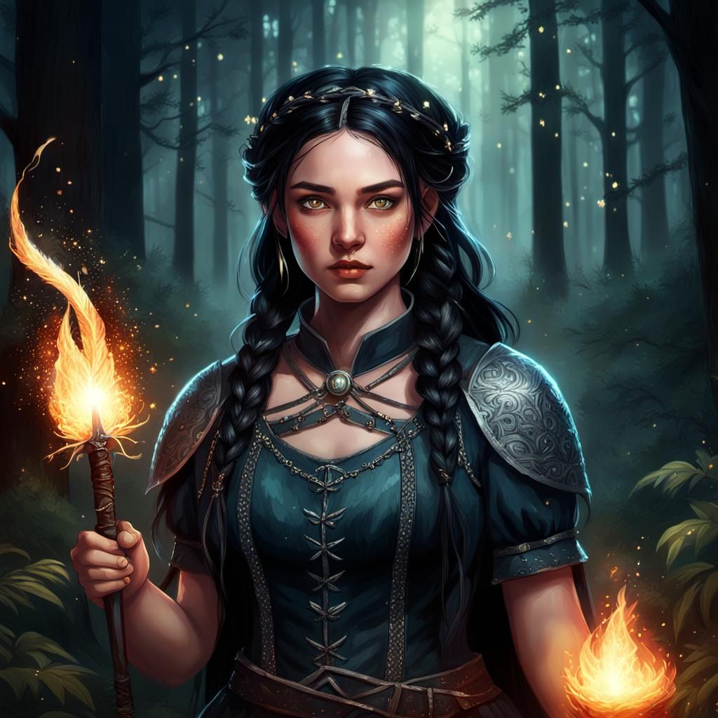 Medieval Girl with Flaming Knife, Hyperdetailed Portrait