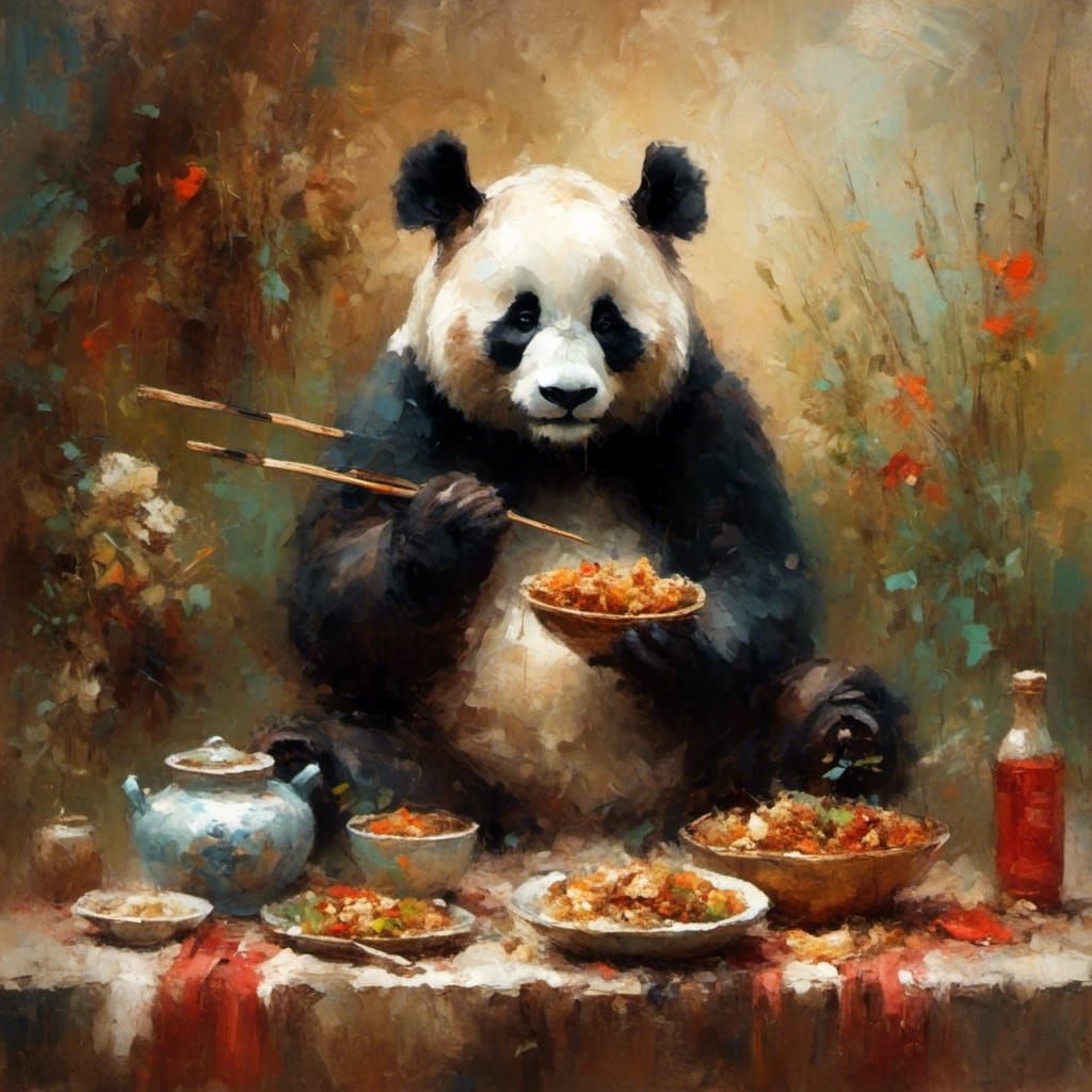 Panda Enjoys Chinese Food with Impressionistic Visions