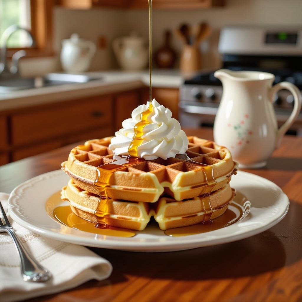 Golden Waffles with Syrup, Cozy Realism Style