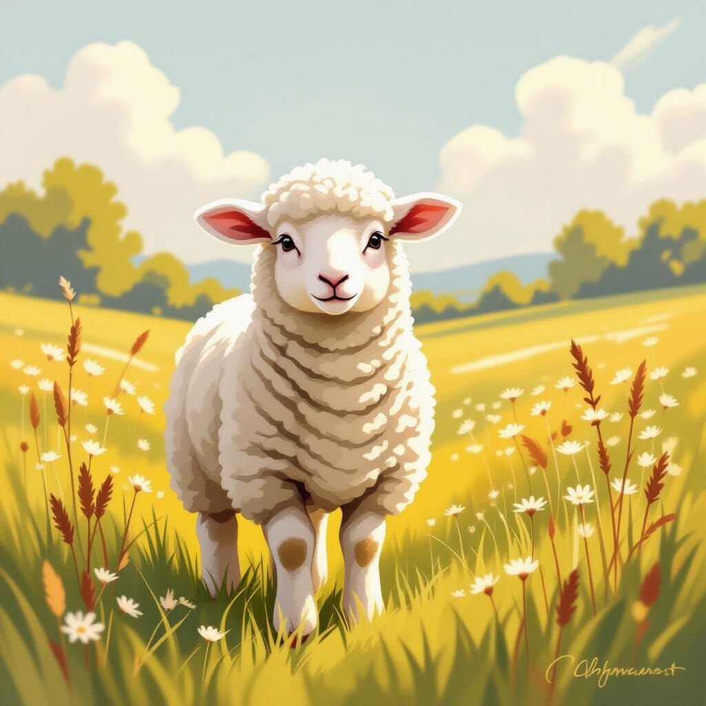 Timid Lamb in Meadow: Beatrix Potter Style