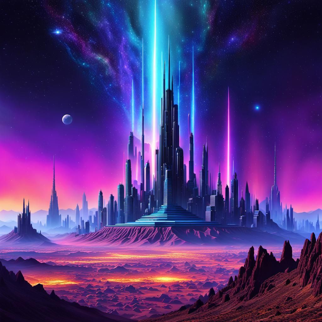 Futuristic Desert Megapolis at Night in Black Light Art