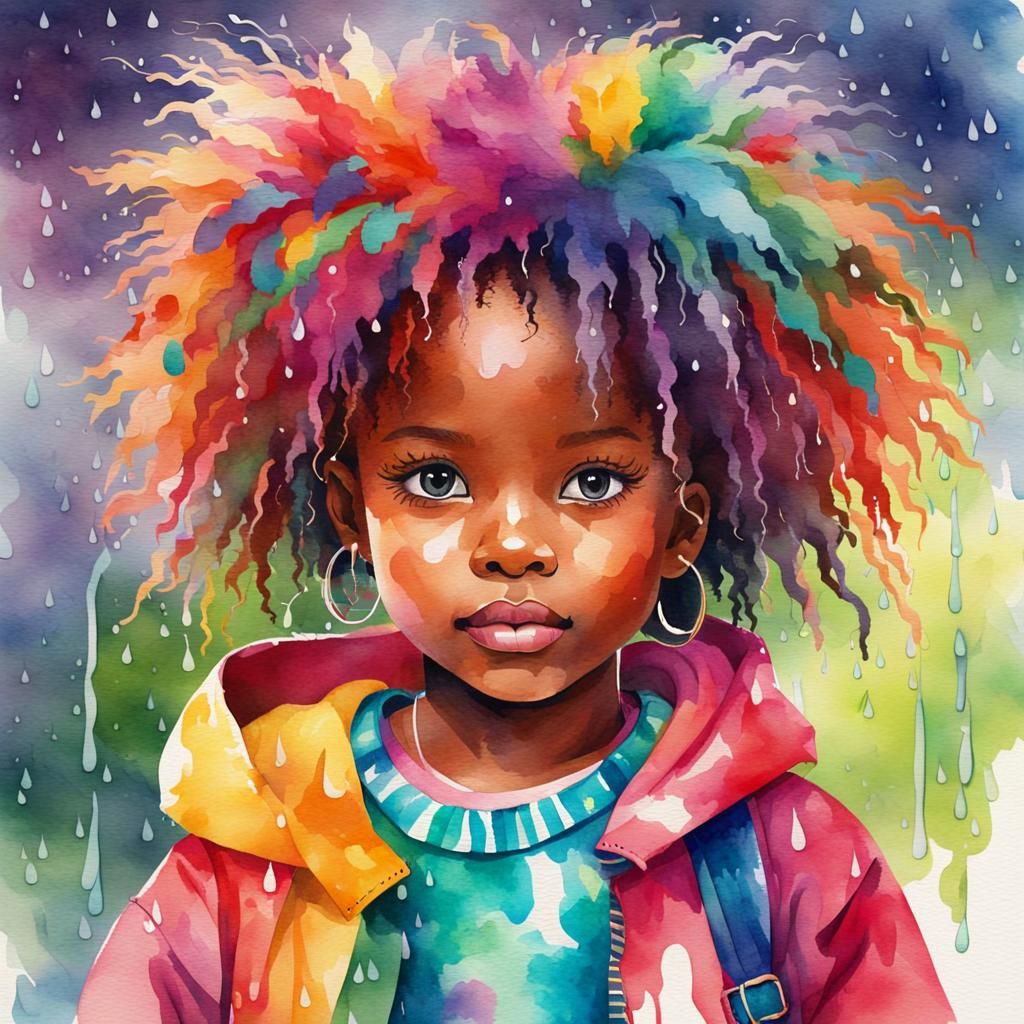 Watercolor Girl with Kitten in Spring Rain