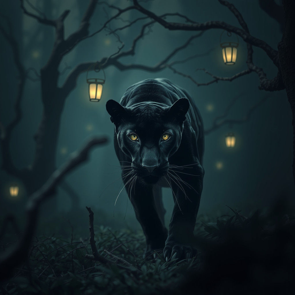 Black Panther in Misty Forest at Night