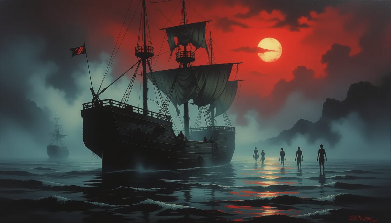 Haunted Maritime Scene: Phantom Ship in Eerie Fog