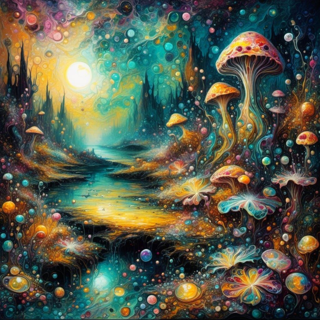 Fantastical Rocky Shore in Liquid Pour Style