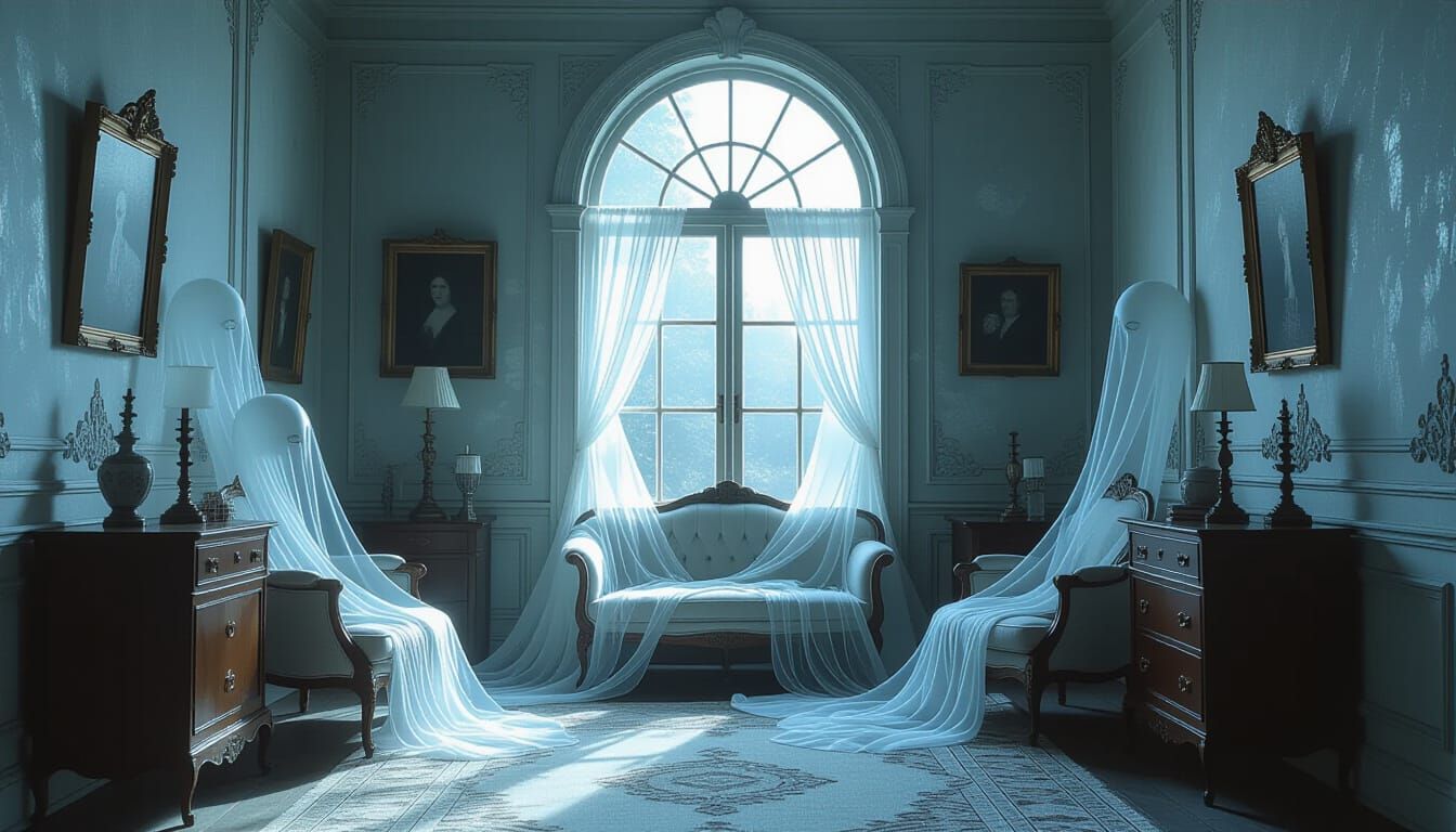 Spectral Victorian Room with Ethereal Creatures