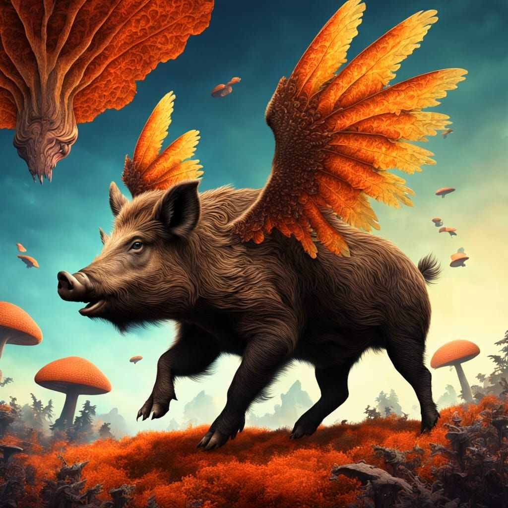 Mystical Boar Takes Flight in Fantastical Fractal Realm