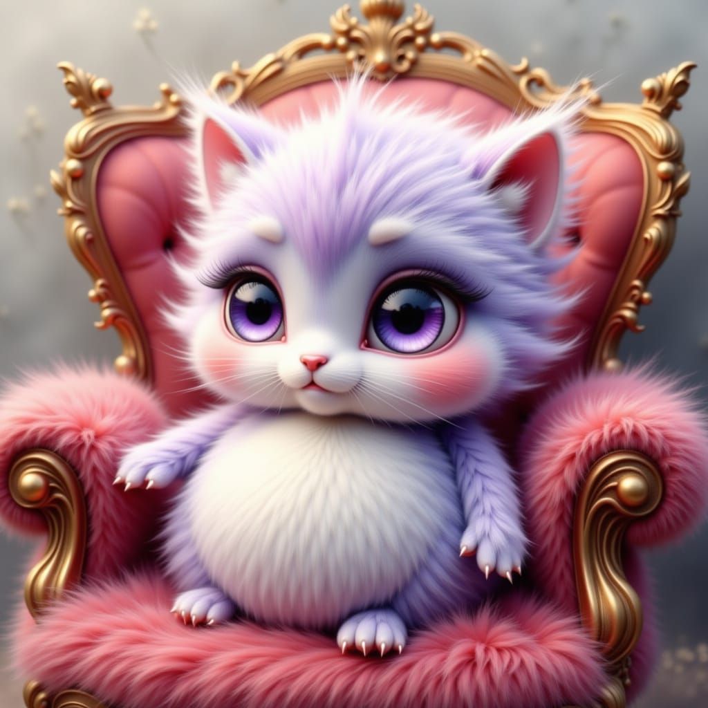 Dreamy Watercolor Kitten with Purple Eye on Red Chair