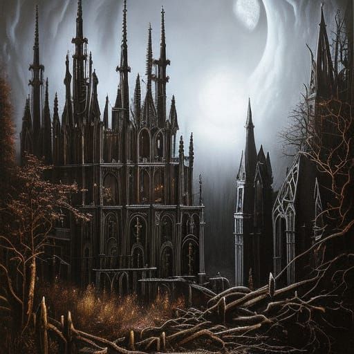 Eerie Gothic Cityscape in Charcoal Drawing Style