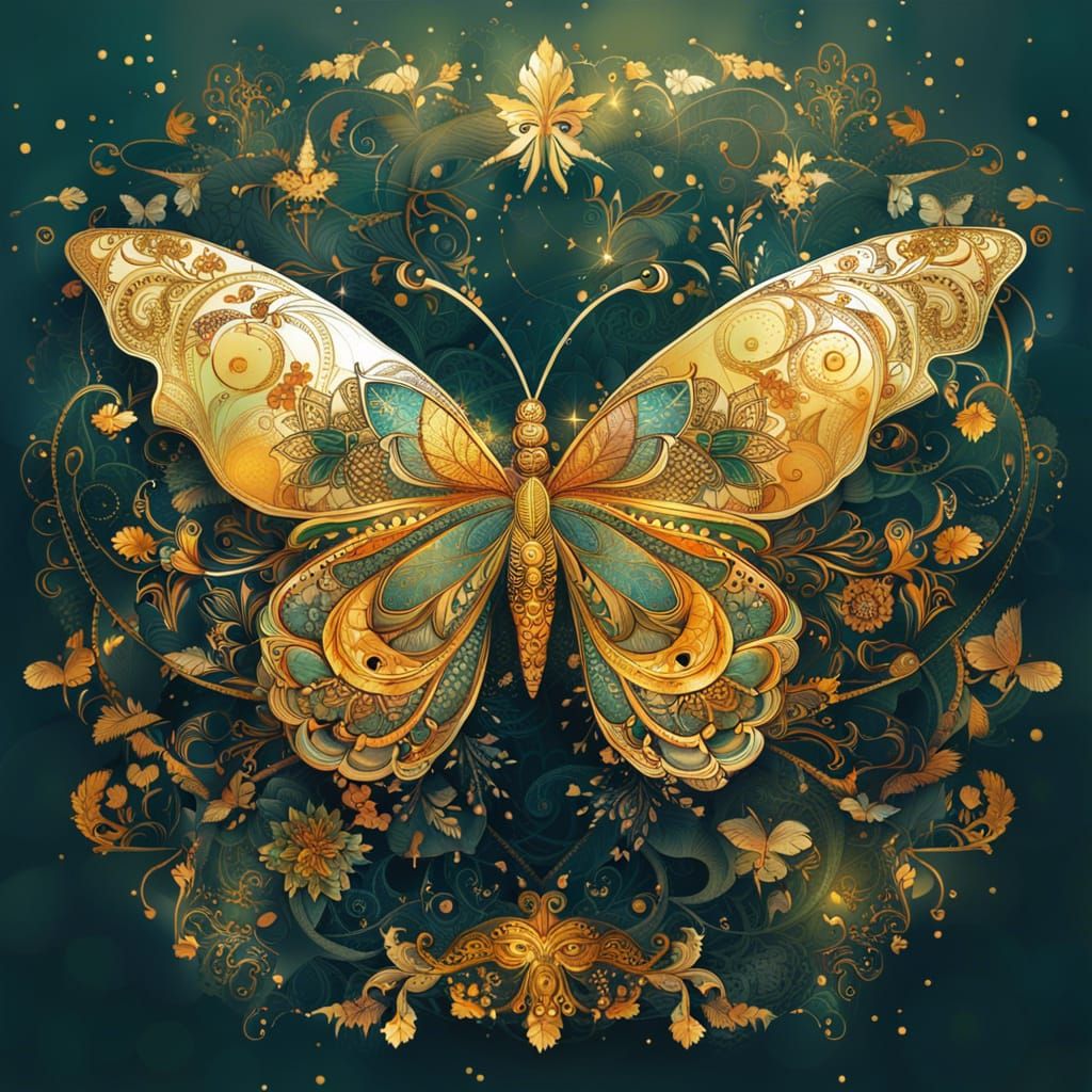 Intricate Golden Butterfly Ornamental Digital Painting