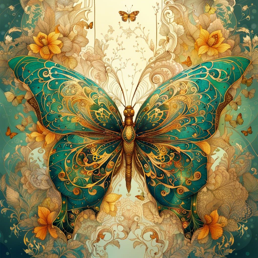 Intricate Golden Butterfly in Digital Painting Style