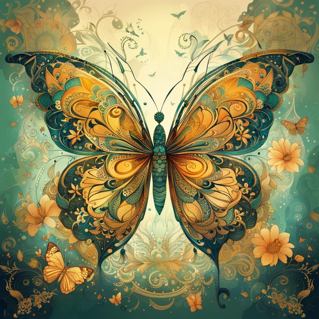 Intricate Mehndi Butterfly with Golden Outlines