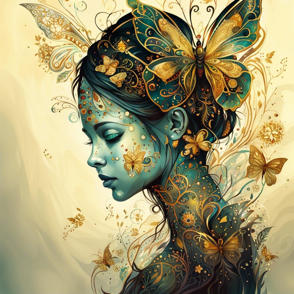 Ornate Mehndi Butterfly with Golden Outlines