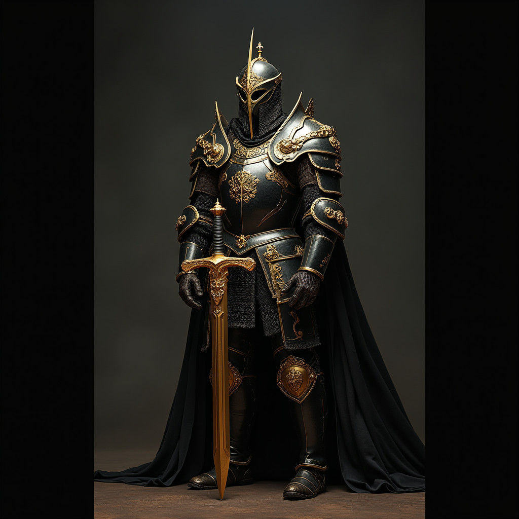 Regal Knight in Obsidian Armor with Golden Sword