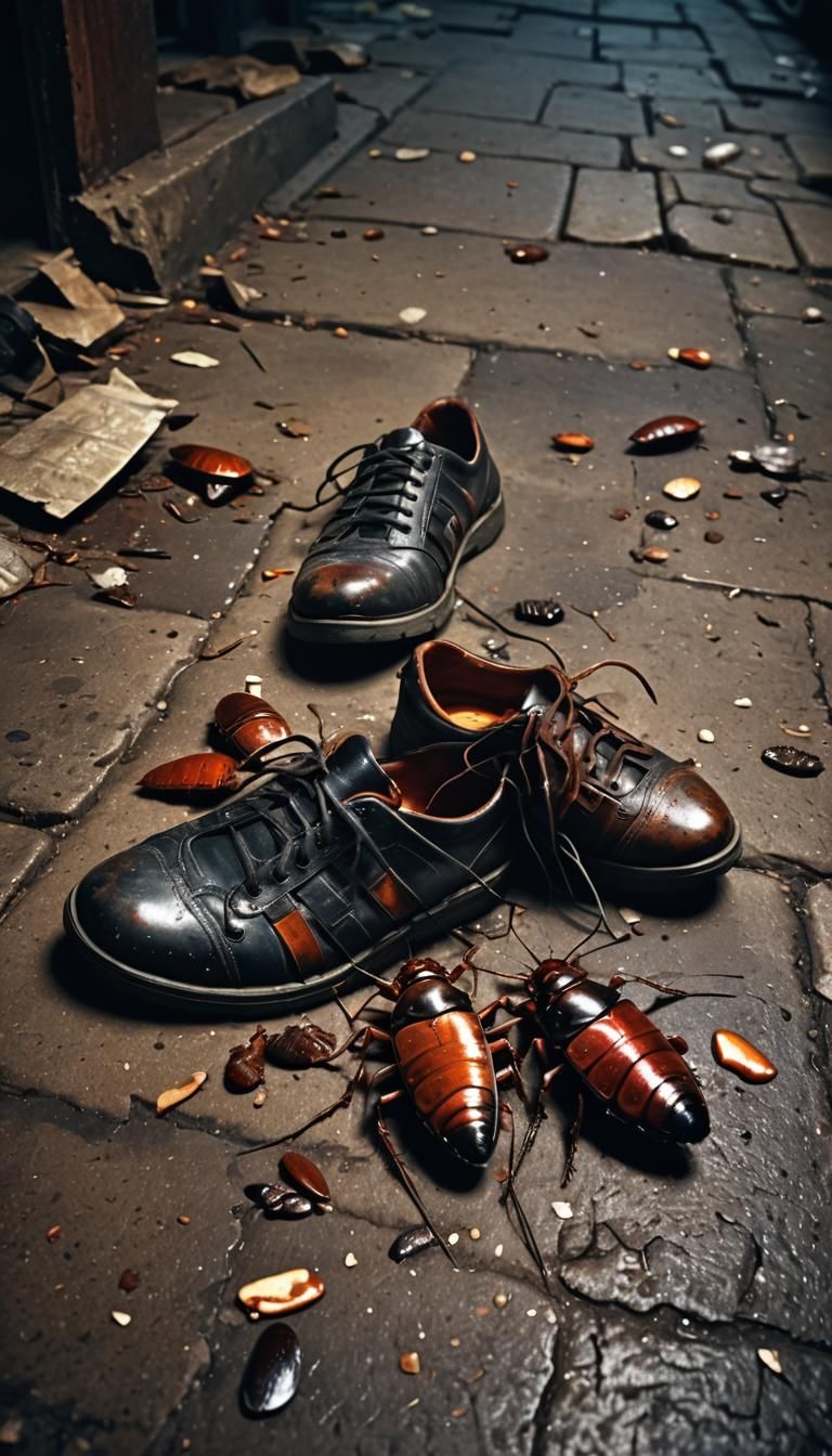 Hyper-Realistic Shoes and Cockroaches in Alley