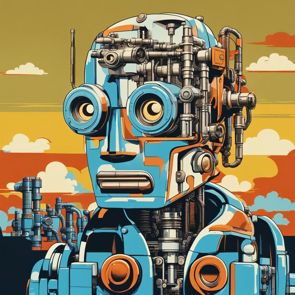 Cyborg Robot in Industrial Landscape, Pop Art Style