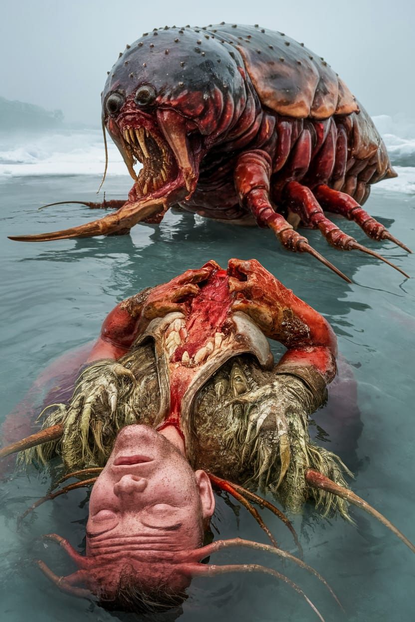 Grotesque Crustacean Monster Eats Human on Frozen Ice Age La...